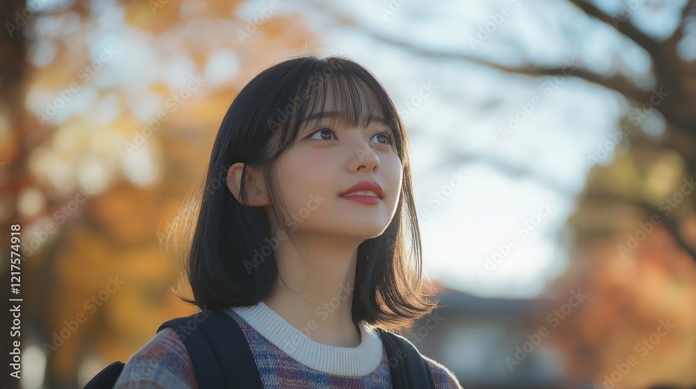 Young woman contemplating nature during autumn stroll in japan Young woman contemplating nature during autumn stroll in japan