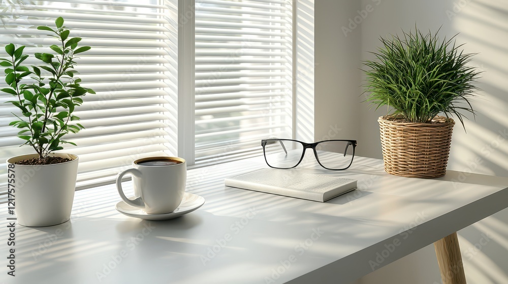 Sunny windowsill workspace with coffee, plants, glasses, and book. Sunny windowsill workspace with coffee, plants, glasses, and book.