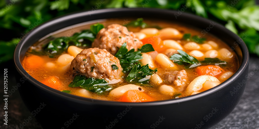 Hearty and flavorful soup brimming with white beans, meatballs, and carrots. A comforting and delicious meal perfect for a chilly day. Garnish adds freshness. Hearty and flavorful soup brimming with white beans, meatballs, and carrots. A comforting and delicious meal perfect for a chilly day. Garnish adds freshness.
