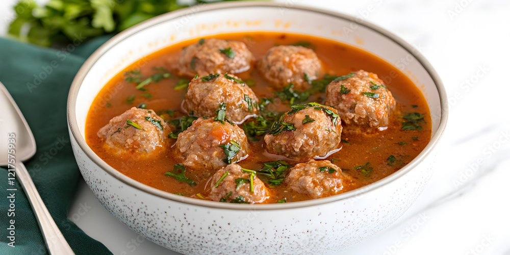 A hearty bowl of meatball soup, perfect for a cozy meal. Tender meatballs simmer in a rich tomato broth, garnished with fresh herbs. A hearty bowl of meatball soup, perfect for a cozy meal. Tender meatballs simmer in a rich tomato broth, garnished with fresh herbs.