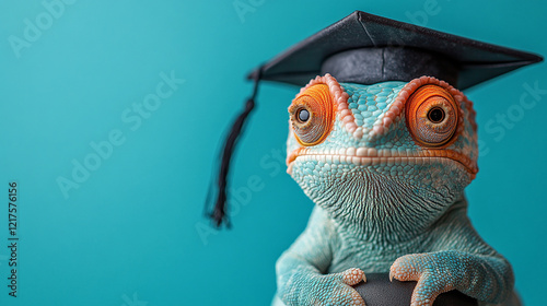 Blue and orange chameleon in black graduation hat on blue background. Close-up