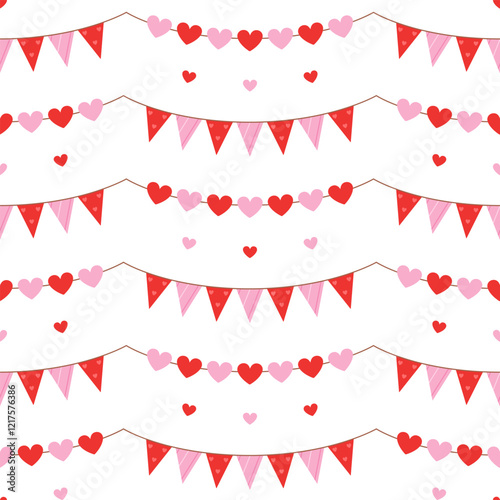 Seamless pattern with romantic garlands on white background. Pink and red triangle and heart shape flags for Valentines day, birthday. Vector flat illustration for wallpaper, textile, packaging