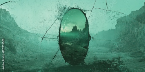 Cracked Mirror Reflecting A Desolate Mountain Landscape photo