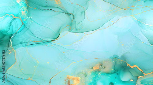 A mesmerizing abstract artwork featuring a background of pastel cyan mint liquid marble watercolor with gold lines and brush stains, generative ai