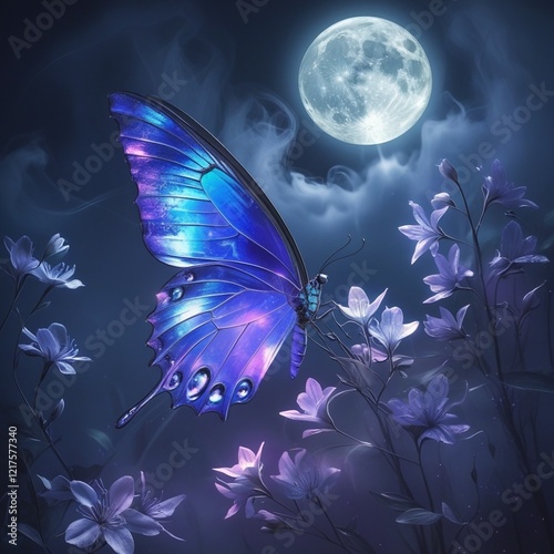 A mesmerizing butterfly takes flight under the moonlight.AI generated