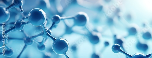 Macro view of blue molecules interconnected, representing science, chemistry, and technology in a futuristic abstract design. Web banner