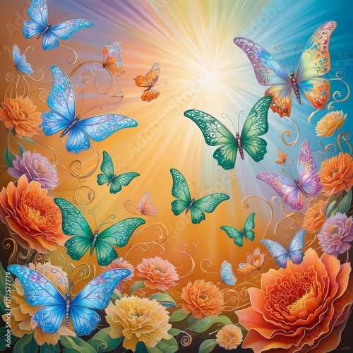 A vibrant scene of butterflies taking flight.AI generated