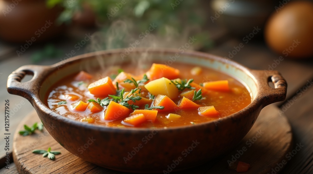 A chunky vegetable soup in a rustic bowl, with steaming hot pieces of carrots and potatoes, placed on a wooden table under warm lighting, creating a hearty and satisfying feel. A chunky vegetable soup in a rustic bowl, with steaming hot pieces of carrots and potatoes, placed on a wooden table under warm lighting, creating a hearty and satisfying feel.