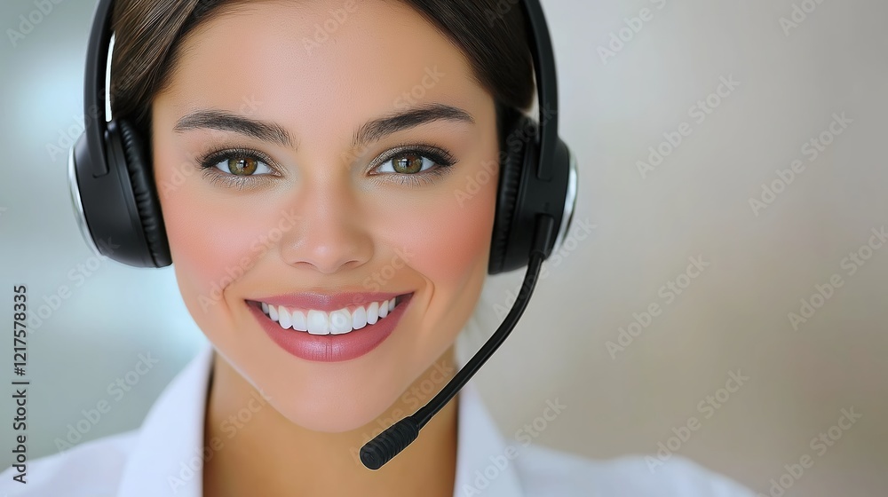 Smiling woman wearing headset providing customer support in a professional environment during daytime hours