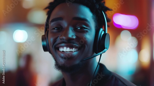 Wallpaper Mural Smiling young man wearing a headset in a vibrant urban setting during evening hours Torontodigital.ca