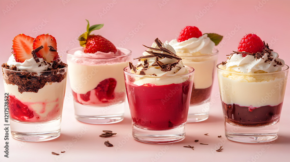 Three Desserts with whipped cream and strawberries, raspberry Three Desserts with whipped cream and strawberries, raspberry