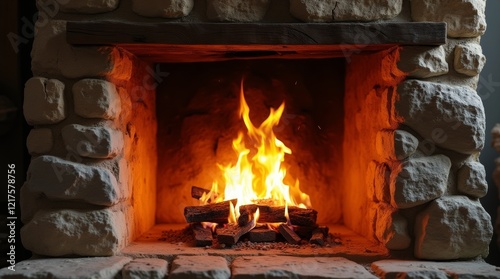 A rustic stone fireplace with flickering flames, a wooden mantel, and soft firelight shadows creating a cozy, inviting atmosphere. Perfect for warm, homey settings.