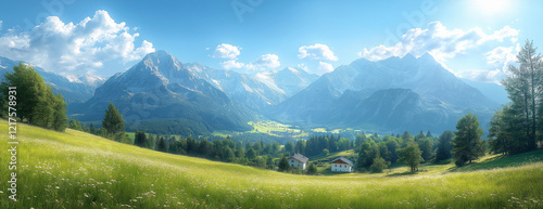 Beautiful green meadow with mountains in the background, panoramic view, sunny day, blue sky, white clouds, alpine village houses, nature photography, high-resolution photography photo