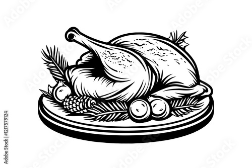 Roasted turkey with garnish, drawn in black and white on a white background, representing a festive dinner concept