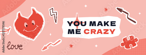 Horizontal banner template for Valentine's day with a smiling textured heart, lightning bolts, arrows and various doodle elements. A collage-style layout.