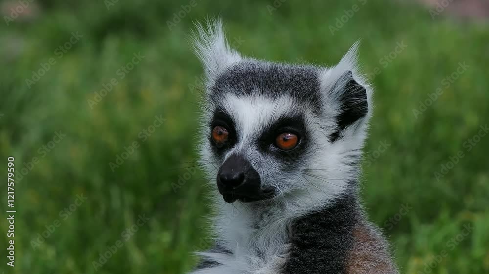 portrait of a lemur on a background of green grass portrait of a lemur on a background of green grass