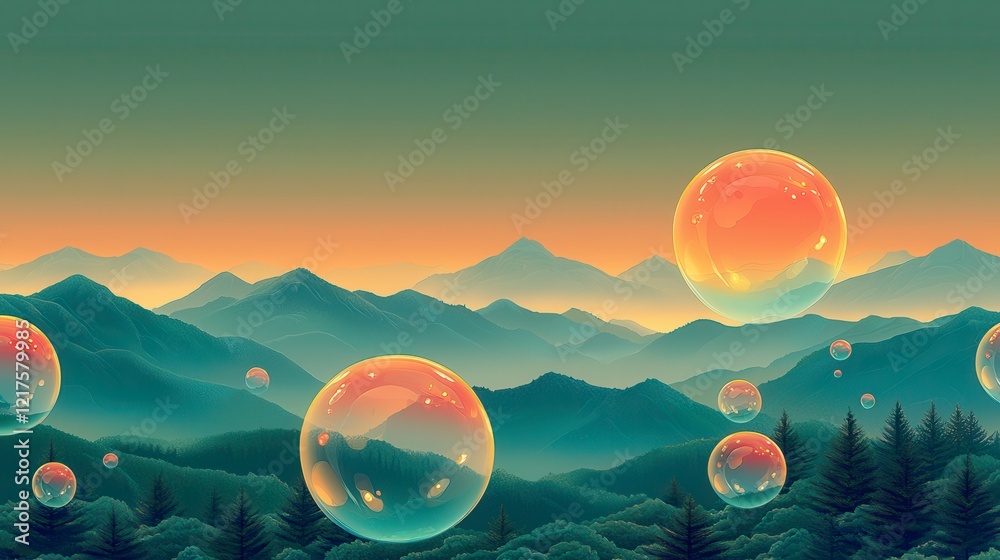 Surreal landscape with floating transparent bubbles over mountains and forest at sunset. Surreal landscape with floating transparent bubbles over mountains and forest at sunset.