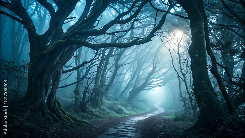 Naklejka premium Enchanted Forest with Twisted Trees and Misty Pathway for Fantasy and Supernatural Themes