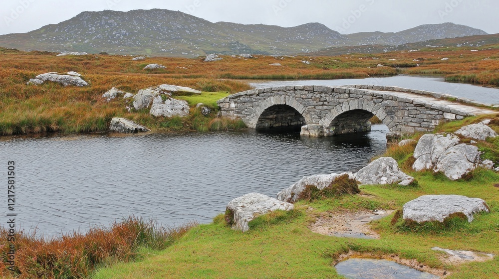 Stone bridge, crossing stream, scenic highlands, autumn