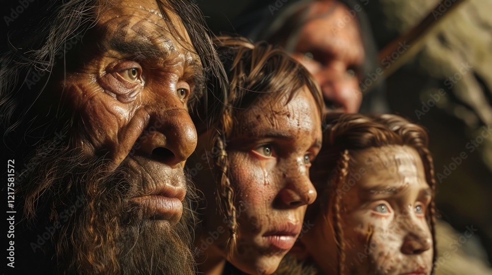 A group of Neanderthals, featuring a male and female adult with children, expressing curiosity. A group of Neanderthals, featuring a male and female adult with children, expressing curiosity.