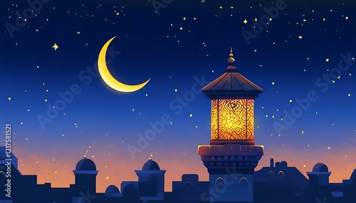 A serene night sky with a glowing crescent moon and a beautifully lit lantern tower. Islamic Ramadan background photo