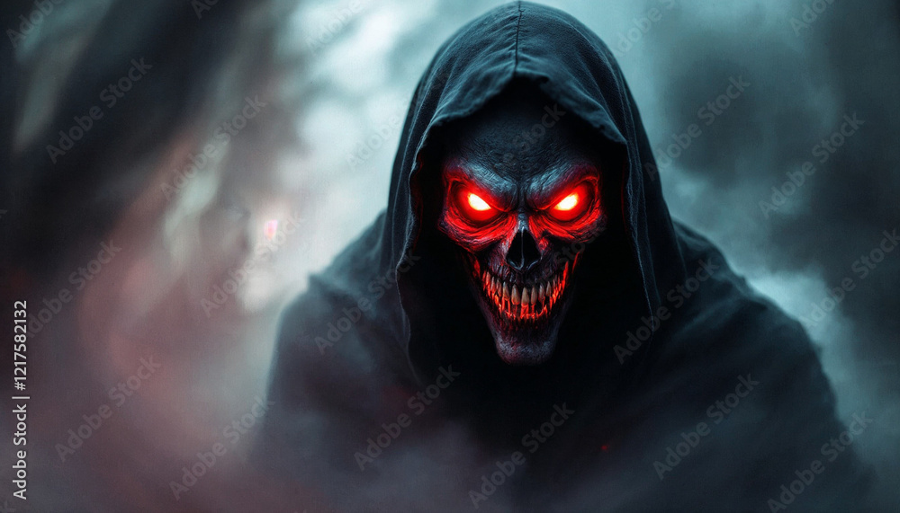 Dark figure with glowing red eyes haunting a foggy forest at twilight Dark figure with glowing red eyes haunting a foggy forest at twilight