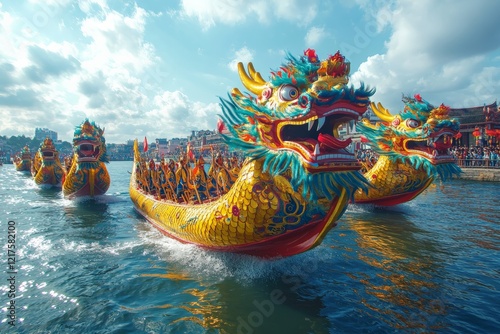 Colorful dragon boats race on a bright day during a cultural festival near the water
