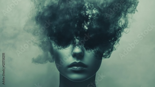 The woman’s open mind exposes a haunting scene of suspense, with dark imagery and ominous tones, blending the surreal with a gripping thriller concept.