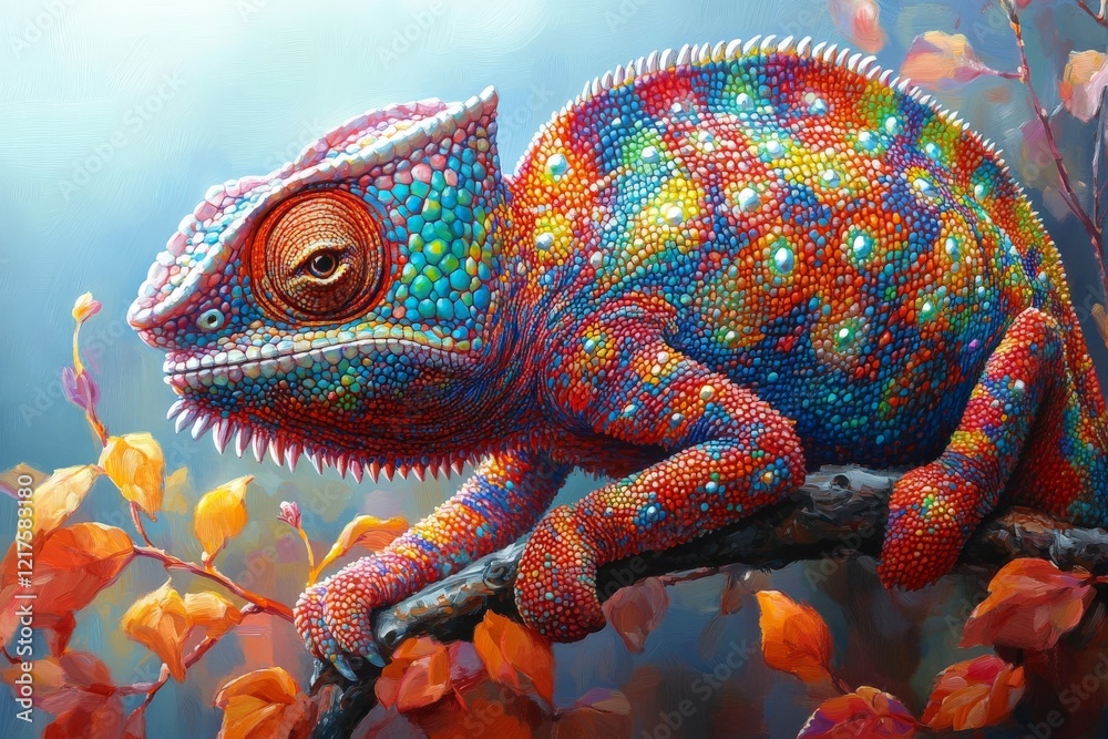 Obraz premium Colorful chameleon perched on a branch amid vibrant autumn leaves in a serene natural setting