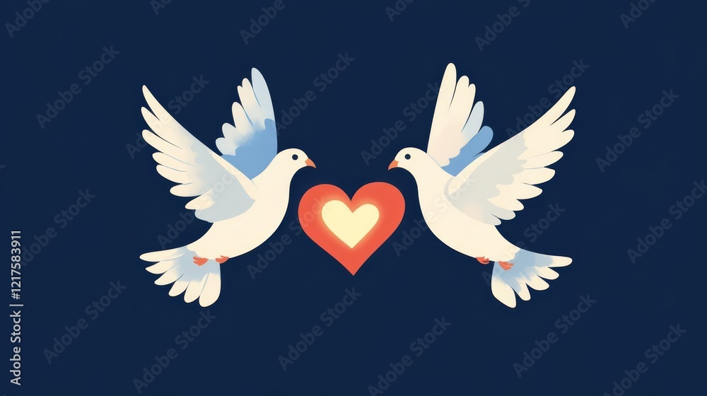 Fototapeta premium Two doves flying towards a heart symbol on a dark background.