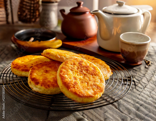 Freshly made English Crumpets on cooling rack with teapot and cup ready for breakfast photo