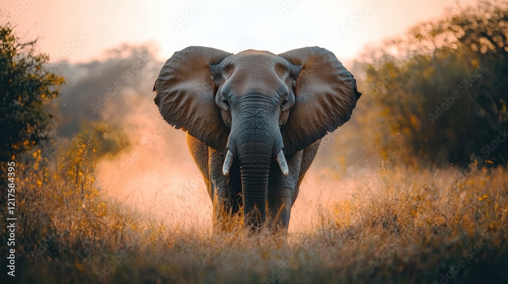 Obraz premium portrait of an African elephant in the jungle. wild animals and wildlife. African elephant close up walking on dry savanna at sunset
