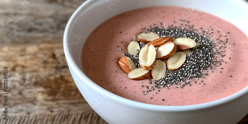 Delicious pink smoothie bowl topped with chia seeds and sliced almonds. Perfect for a healthy and refreshing breakfast or snack. photo