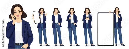 Beautiful business young woman wearing casual clothes holding mobile phone, talking, texting, thinking and showing empty screen. Isolated vector illustration set