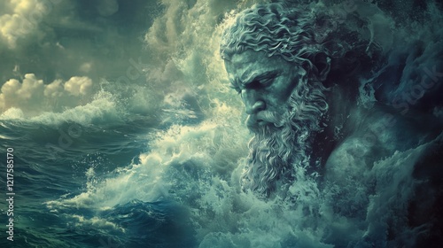 A powerful, godlike figure representing Aquarius rises from the ocean, surrounded by cascading waves. photo