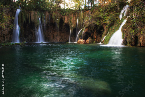 A collection of cascading waterfalls hidden within the dense forest