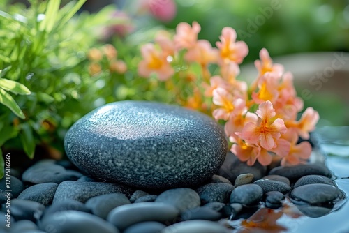 Smooth stone surrounded by vibrant flowers and greenery enhances tranquil garden setting