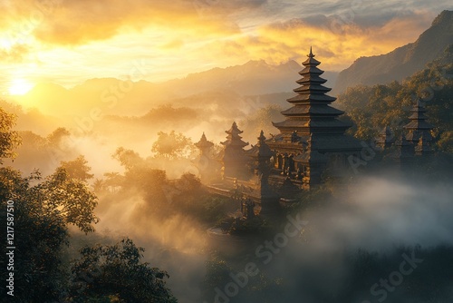 Sunlight shining on ancient asian temple in the mountains at sunrise