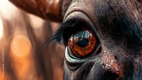 A close-up of a buffalo's eye, showing its expressiveness and deep gaze. This image highlights the power and wildness of the animal, drawing attention to its natural beauty.
