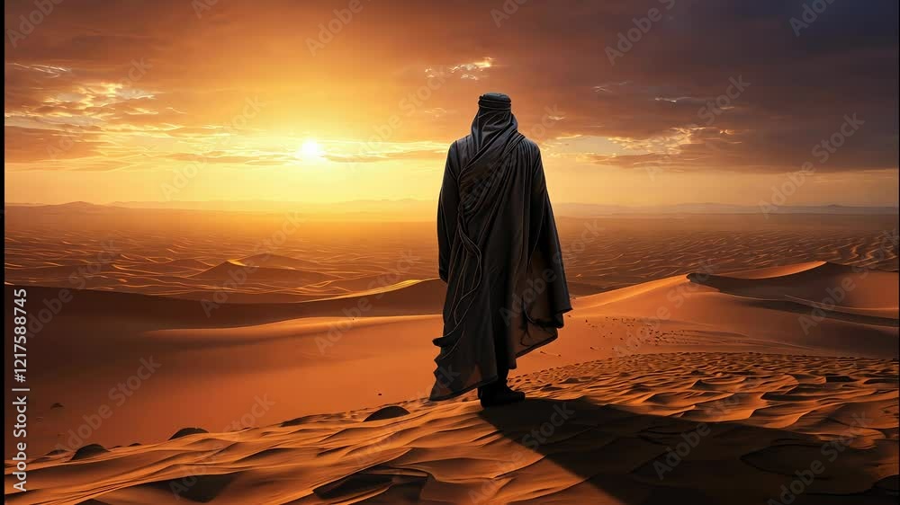 A solitary figure wanders through golden dunes at sunset in the vast desert landscape A solitary figure wanders through golden dunes at sunset in the vast desert landscape