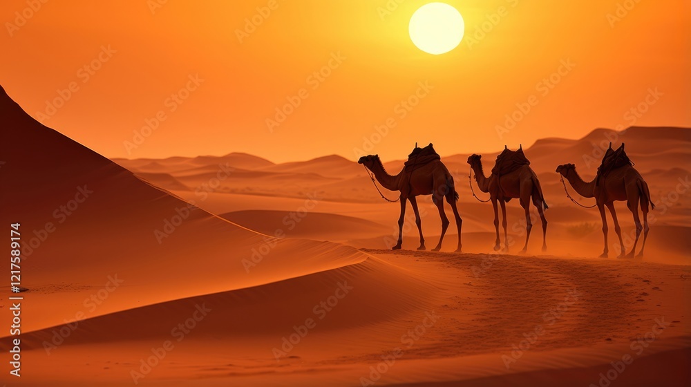 Three camels walking in the desert during a vibrant sunset. Three camels walking in the desert during a vibrant sunset.