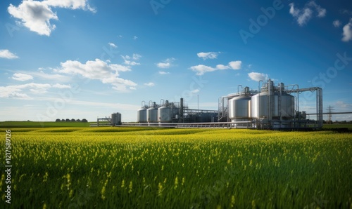 A large ammonia production facility surrounded by green fields under a blue sky.