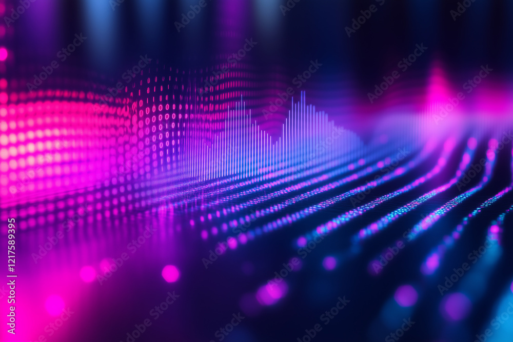 Obraz premium Overlapping visual design featuring vibrant digital waves and sound patterns in neon colors