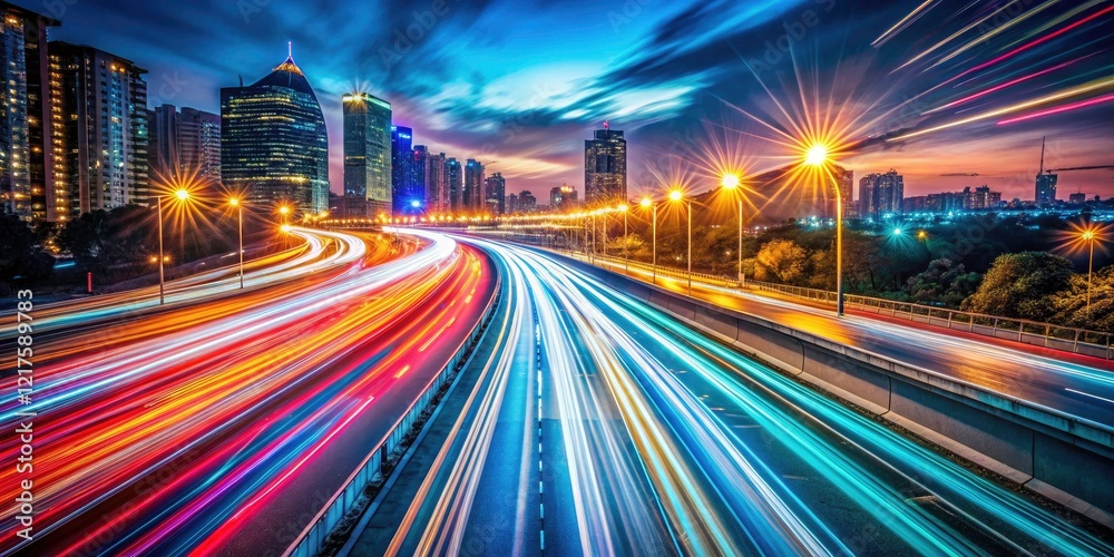 Obraz premium Slow shutter speeds reveal abstract urban light streaks, creating textured bokeh and motion blur in captivating night photography.