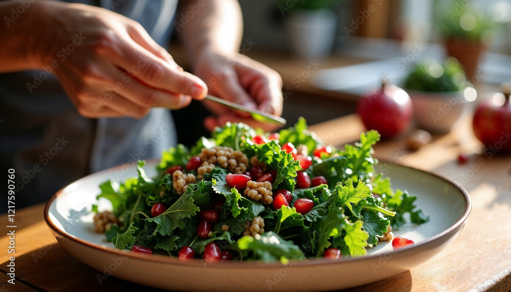 Preparing a winter immune-boosting kale salad with pomegranate seeds and nuts in a cozy kitchen setting Preparing a winter immune-boosting kale salad with pomegranate seeds and nuts in a cozy kitchen setting