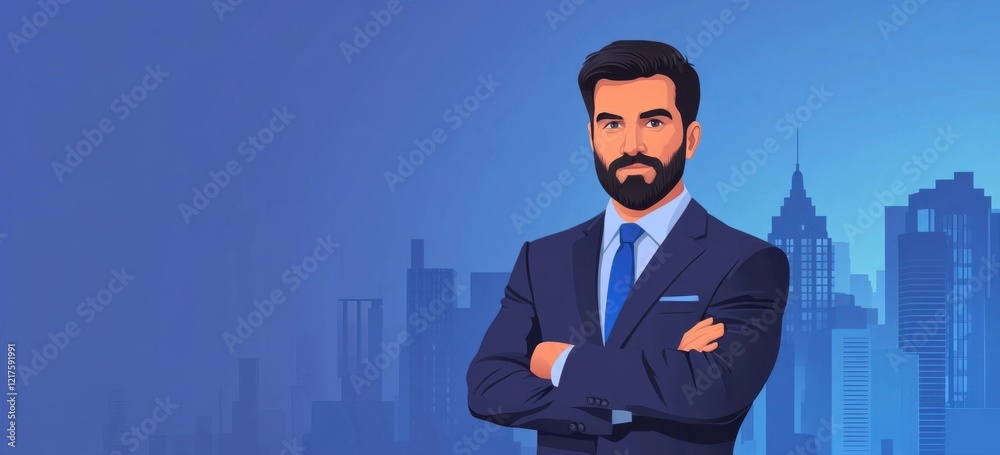 Businessman in a suit with arms crossed, standing against a cityscape background This image provides copy space for text Generative AI Businessman in a suit with arms crossed, standing against a cityscape background This image provides copy space for text Generative AI