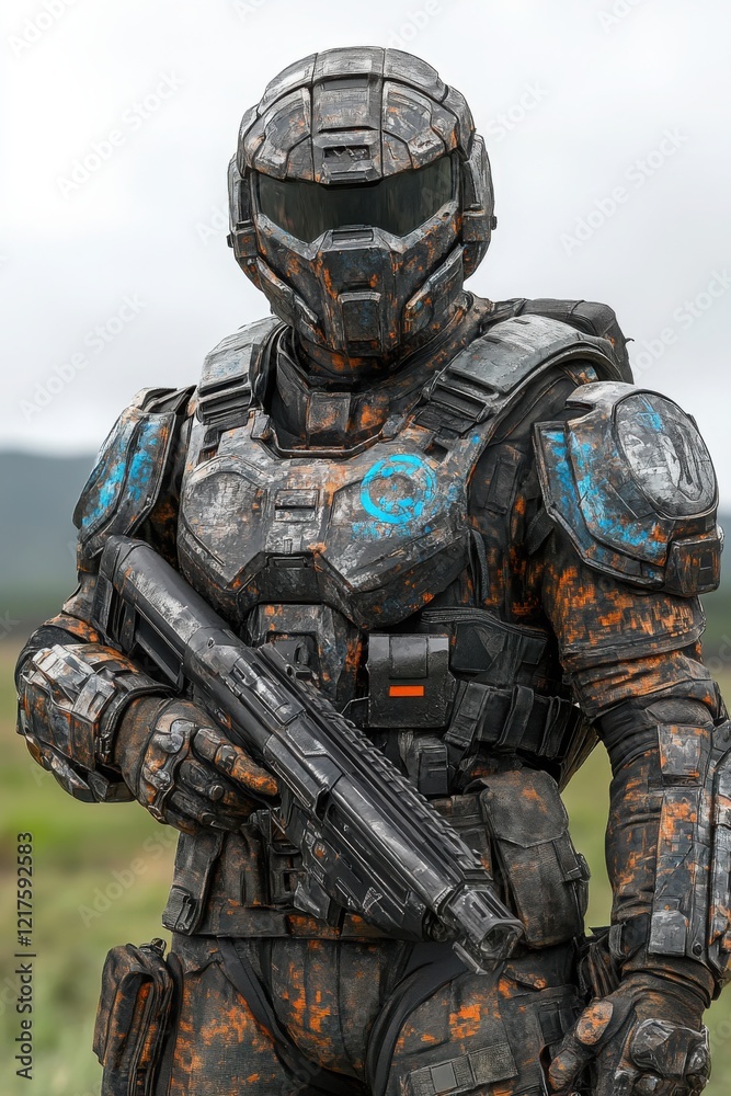Armored futuristic soldier holding a rifle in an outdoor setting
Armored futuristic soldier holding a rifle in an outdoor setting
