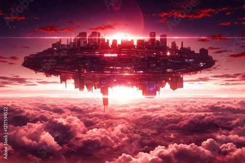 Futuristic City Floating Above Cloudscape at Sunset