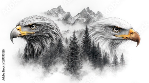 Two majestic eagles facing opposite directions, set against a misty mountain forest backdrop.