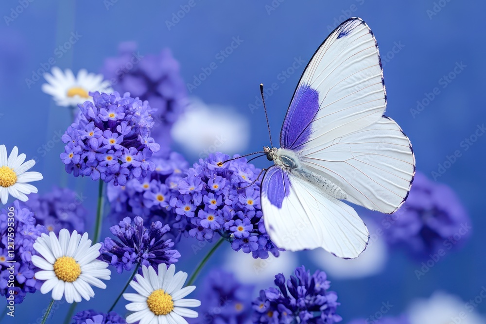 Morning Haze Delight: Close-Up of Beautiful Wildflowers, Purple Chamomile, and Wild Peas with Butterfly in Nature's Landscape - Wide Format Macro Shot with Cool Blue Tones and Airy Artistic Feel Morning Haze Delight: Close-Up of Beautiful Wildflowers, Purple Chamomile, and Wild Peas with Butterfly in Nature's Landscape - Wide Format Macro Shot with Cool Blue Tones and Airy Artistic Feel